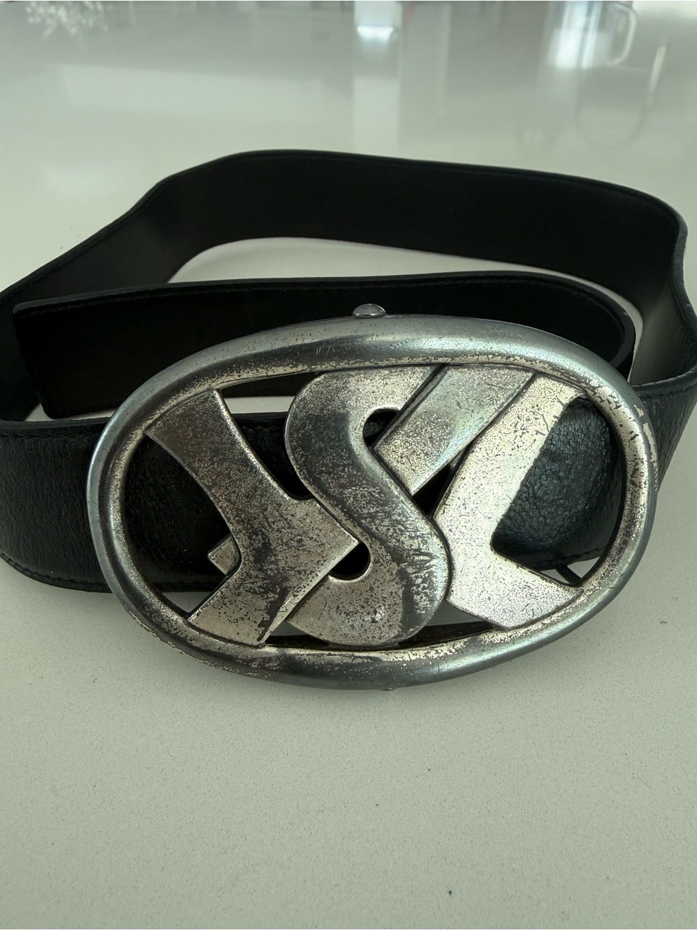 Vintage Yves Saint Laurent YSL Oversized Logo Buckle Black Leather belt